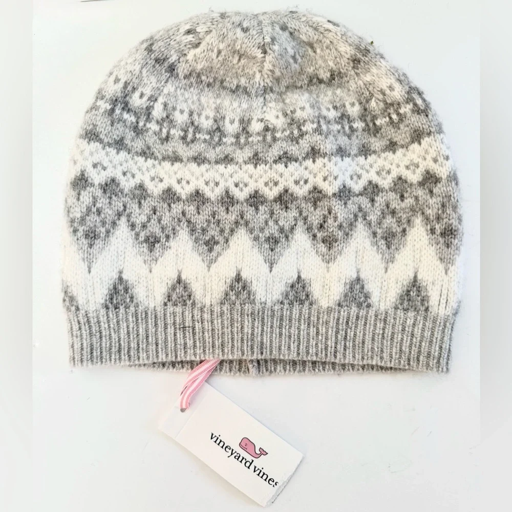 Vineyard Vines Tonal Grey Fairisle Hat Cashmere Wool Beanie NWT Preppy OS